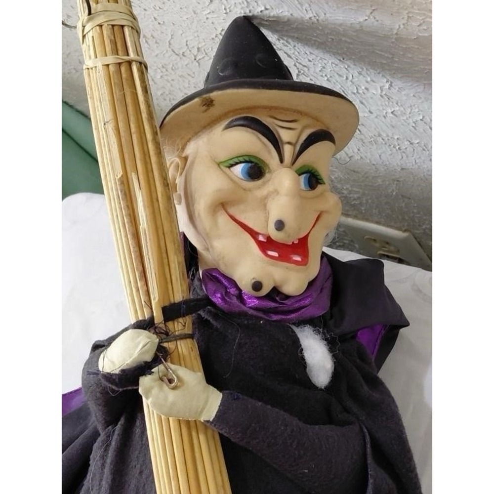 Vintage Hanging Flying Kitchen Witch On A Broom Doll Whimsical Halloween 30"